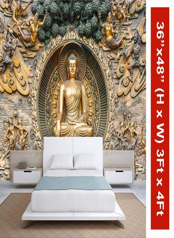 999STORE 3D Print Latest Door Living Room Bed Room Home Hall Wall 3D Wallpaper for Walls Lord Gautam Buddha Golden Meditating Mural Wallpaper for Walls (Vinyl Self Adhesive 48X36 Inches) NonW4301114 - Image 2